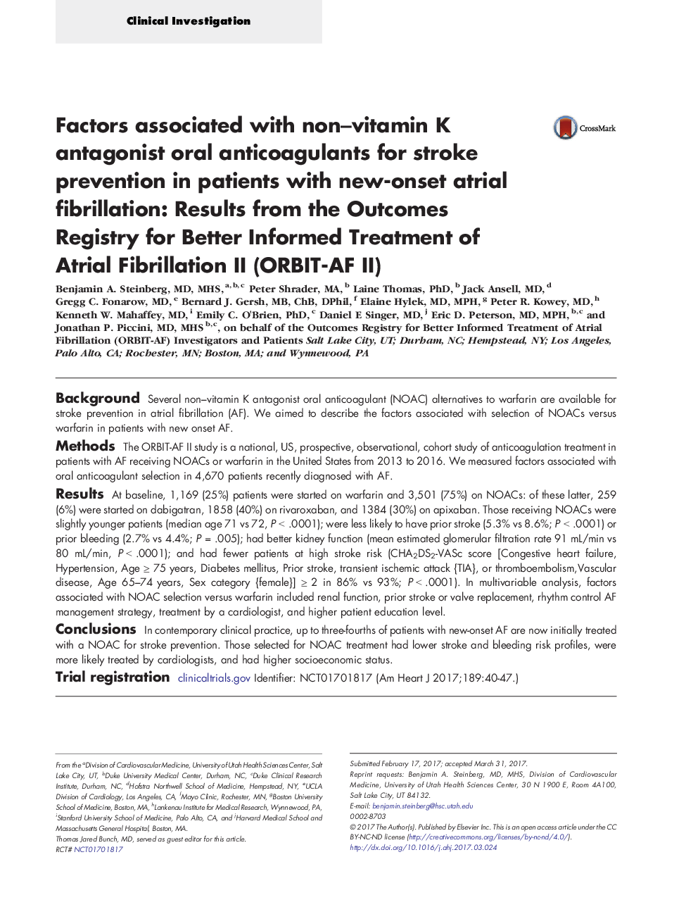 Factors associated with non-vitamin K antagonist oral anticoagulants for stroke prevention in patients with new-onset atrial fibrillation: Results from the Outcomes Registry for Better Informed Treatment of Atrial Fibrillation II (ORBIT-AF II)