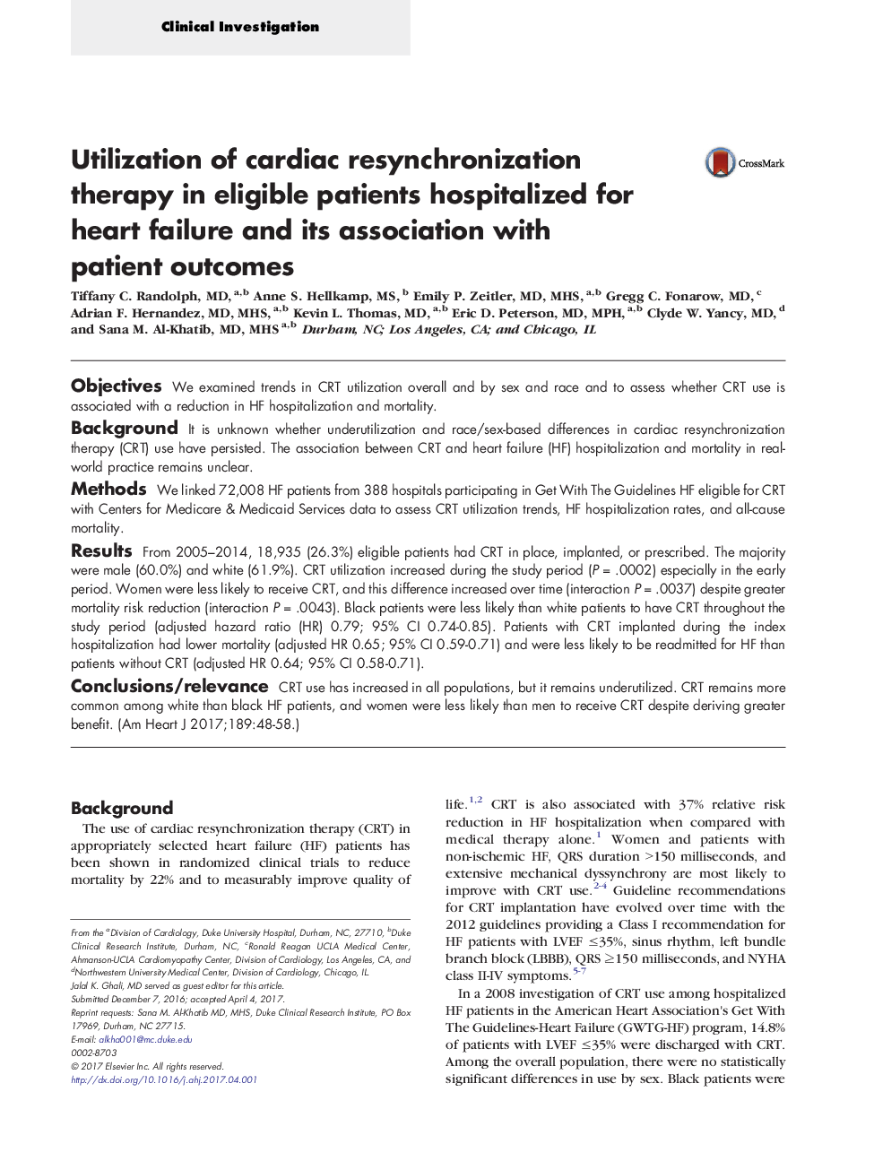 Utilization of cardiac resynchronization therapy in eligible patients hospitalized for heart failure and its association with patient outcomes