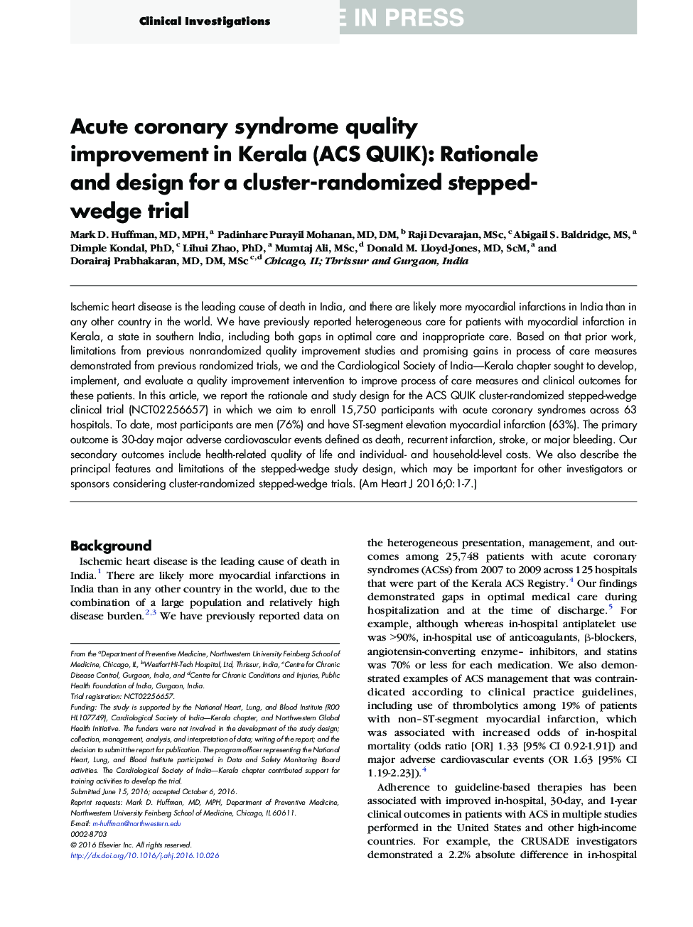 Acute coronary syndrome quality improvement in Kerala (ACS QUIK): Rationale and design for a cluster-randomized stepped-wedge trial