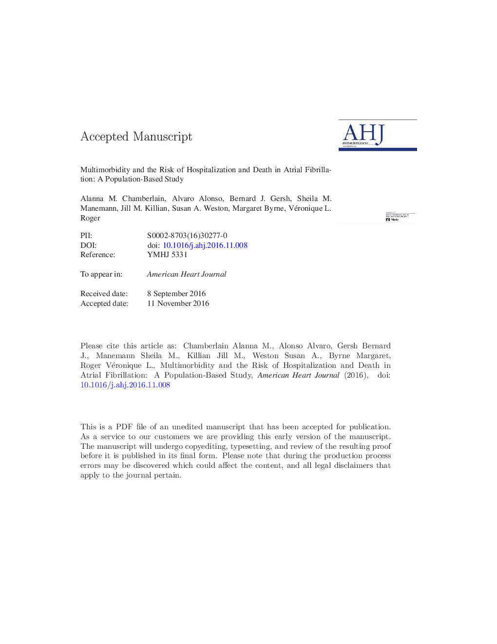 Multimorbidity and the risk of hospitalization and death in atrial fibrillation: A population-based study