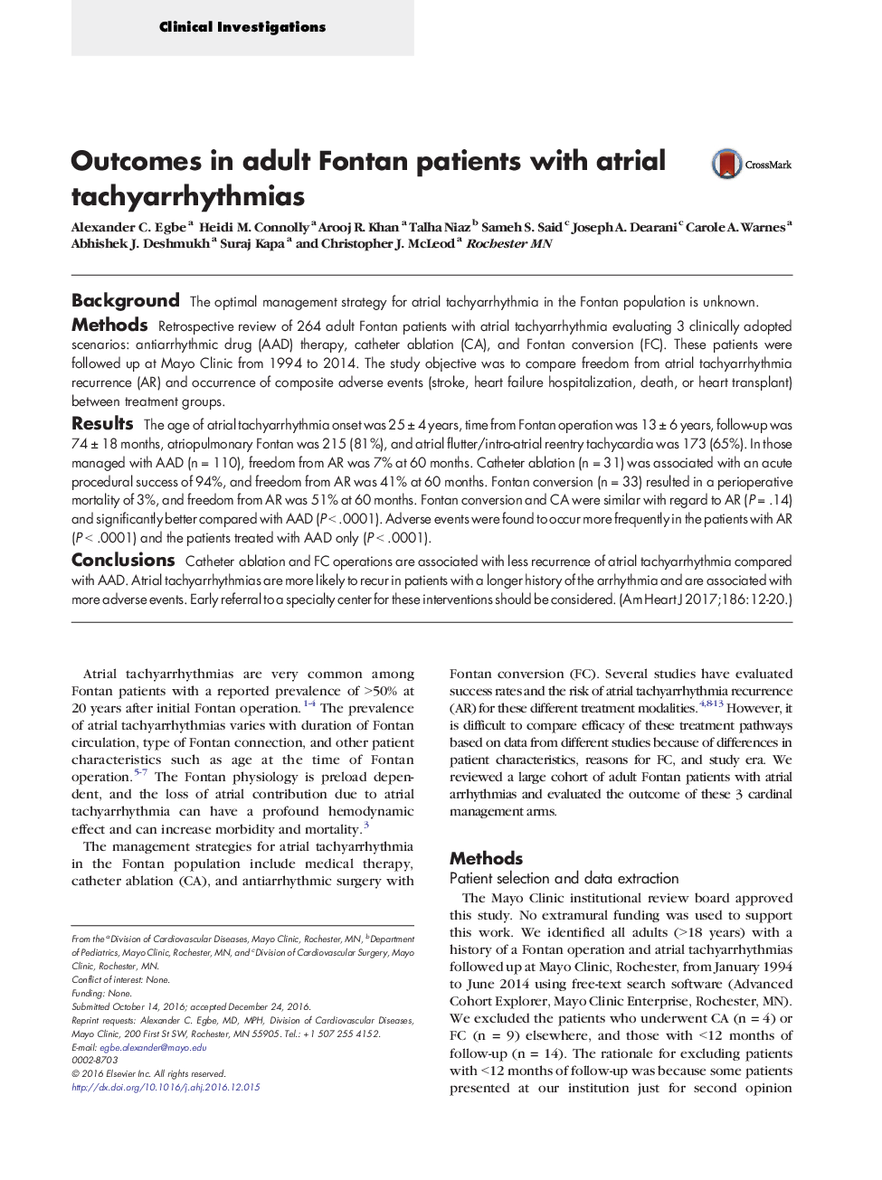 Outcomes in adult Fontan patients with atrial tachyarrhythmias
