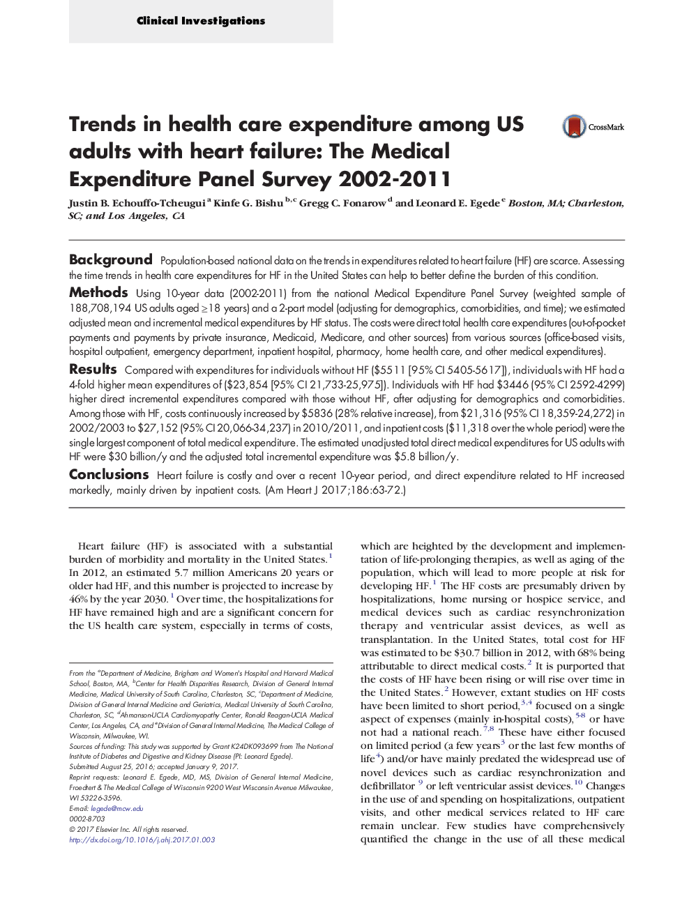 Trends in health care expenditure among US adults with heart failure: The Medical Expenditure Panel Survey 2002-2011