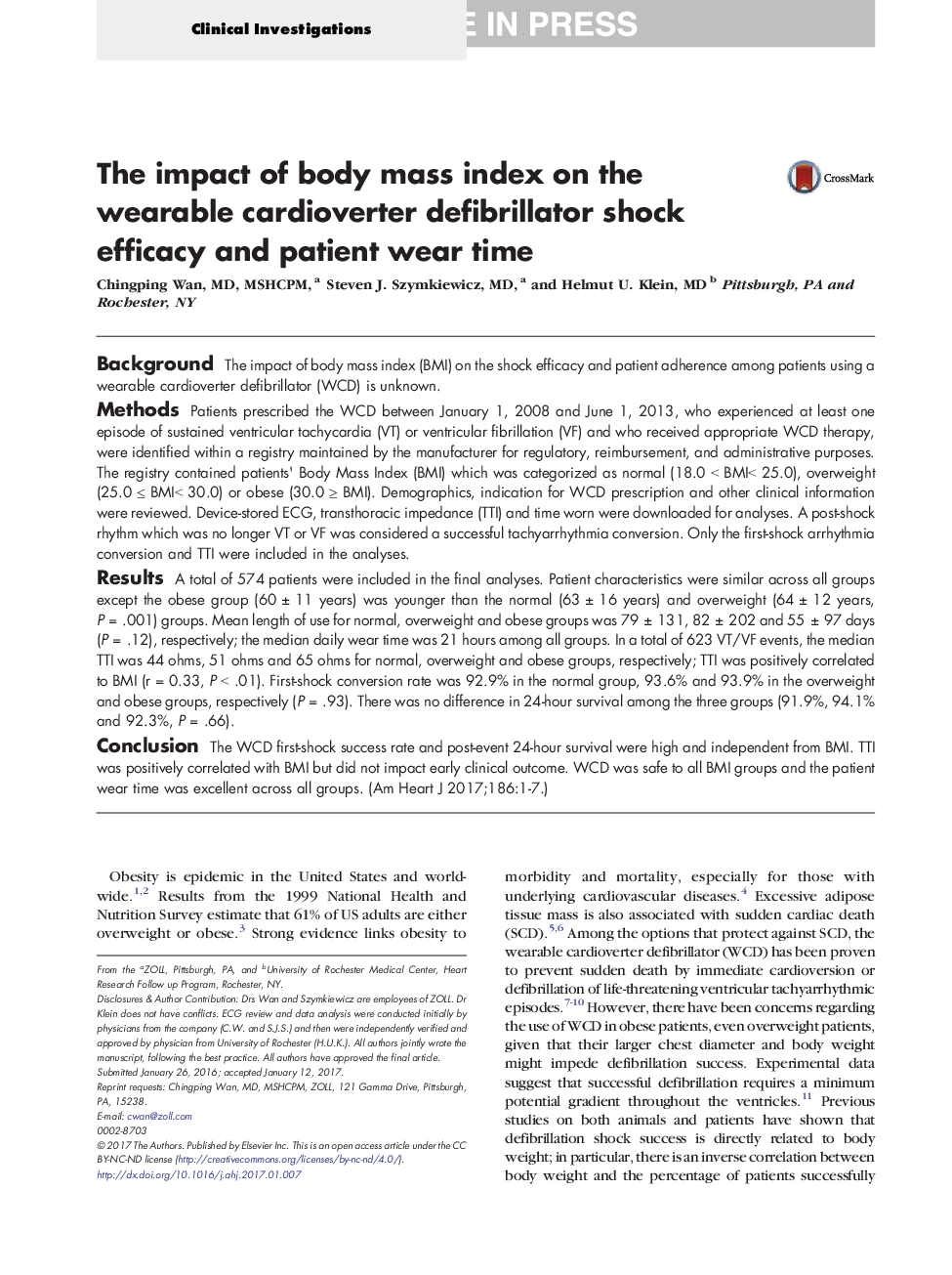 The impact of body mass index on the wearable cardioverter defibrillator shock efficacy and patient wear time