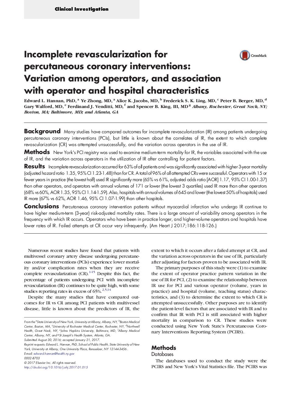 Incomplete revascularization for percutaneous coronary interventions: Variation among operators, and association with operator and hospital characteristics