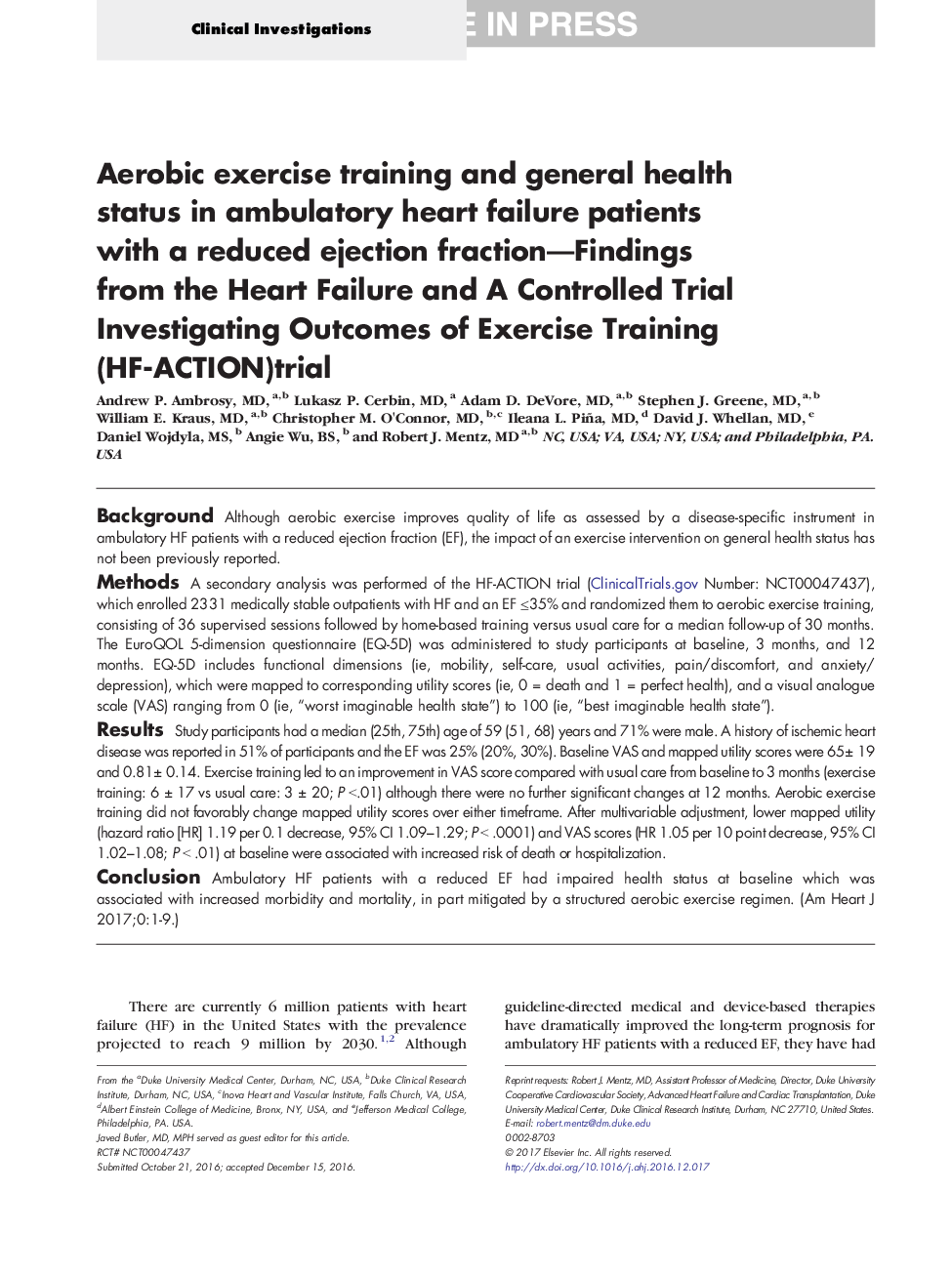 Aerobic exercise training and general health status in ambulatory heart failure patients with a reduced ejection fraction-Findings from the Heart Failure and A Controlled Trial Investigating Outcomes of Exercise Training (HF-ACTION)trial