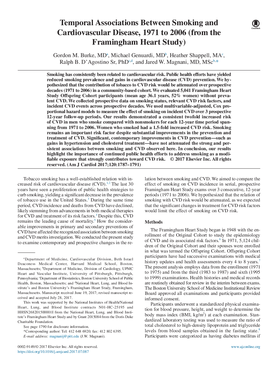 انجمن های زمانی بین سیگار کشیدن و بیماری قلبی عروقی، 1971 تا 2006 (از مطالعه قلب فریمینگام) 