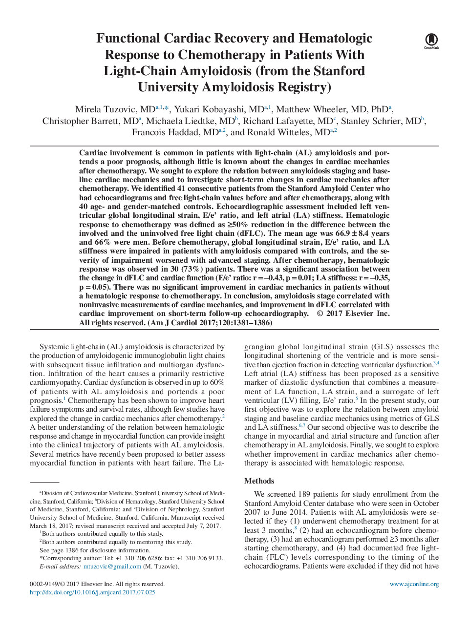 Functional Cardiac Recovery and Hematologic Response to Chemotherapy in Patients With Light-Chain Amyloidosis (from the Stanford University Amyloidosis Registry)