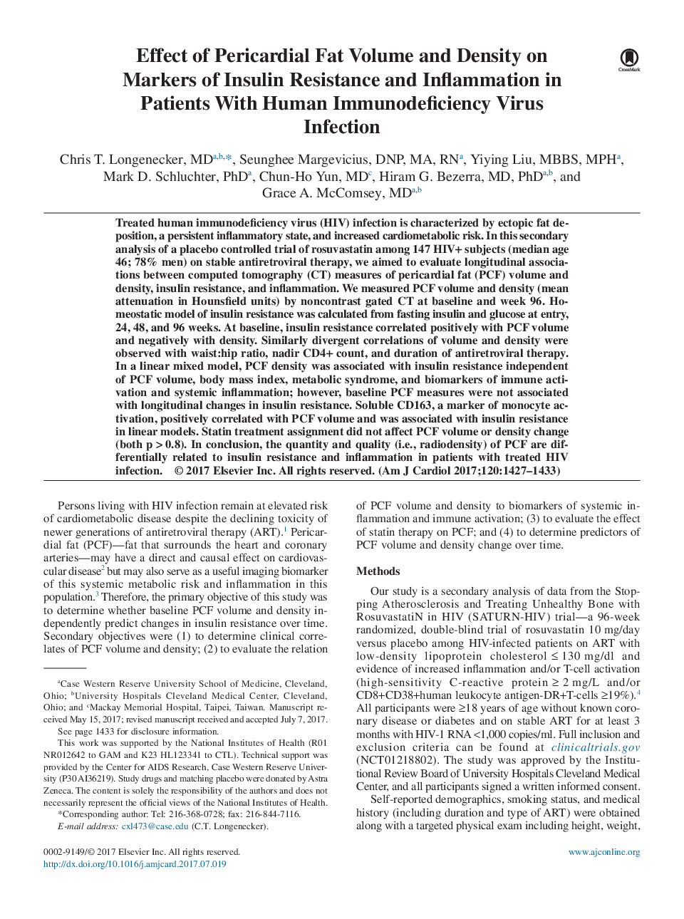 Effect of Pericardial Fat Volume and Density on Markers of Insulin Resistance and Inflammation in Patients With Human Immunodeficiency Virus Infection