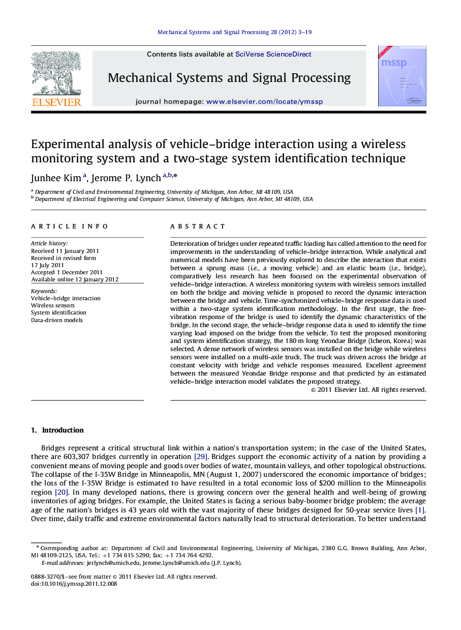 Experimental analysis of vehicle–bridge interaction using a wireless monitoring system and a two-stage system identification technique