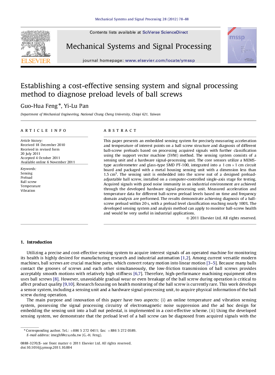 Establishing a cost-effective sensing system and signal processing method to diagnose preload levels of ball screws