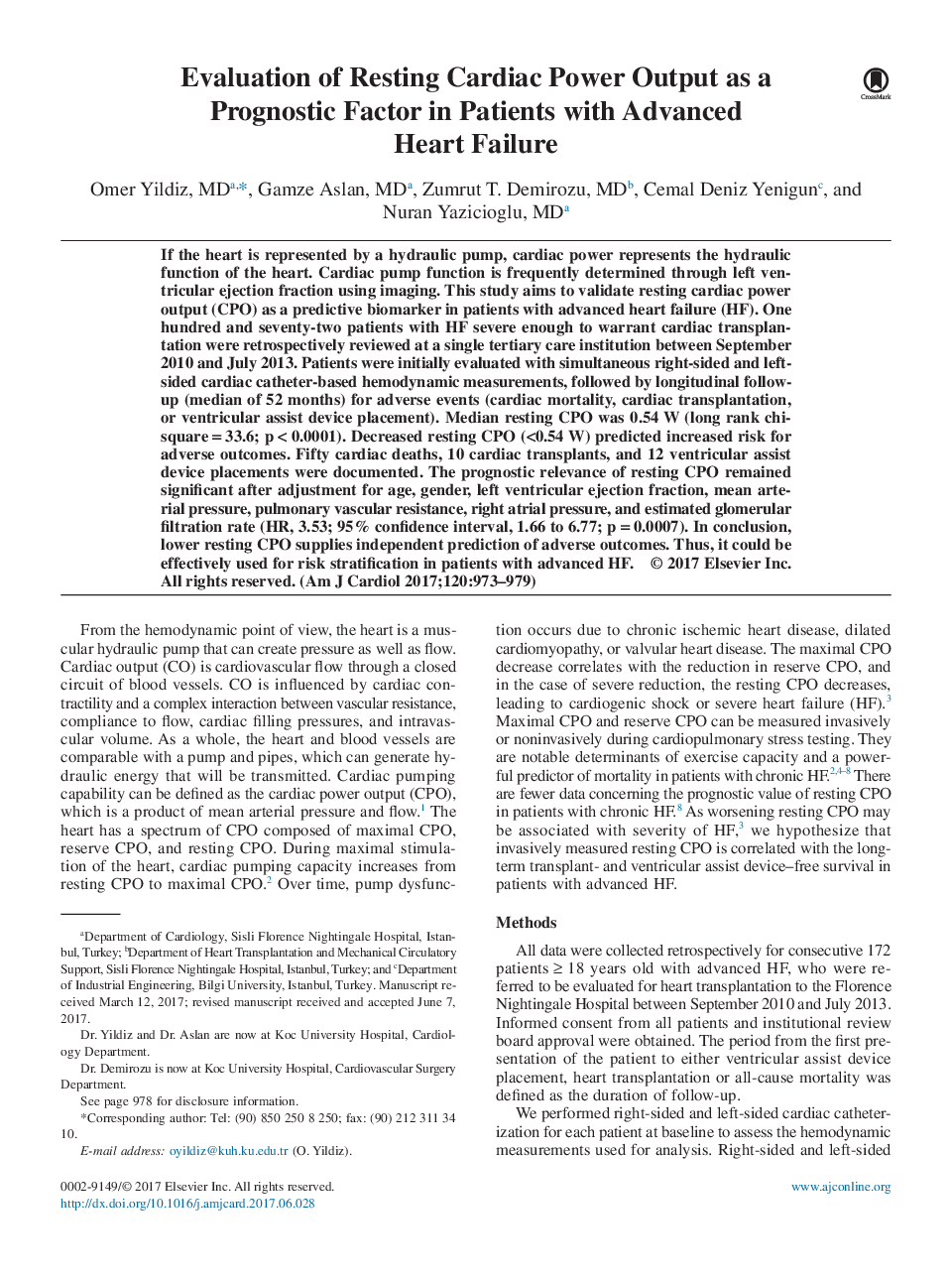 بررسی قدرت خروجی قلب در حالت استراحت به عنوان یک عامل پیش آگهی در بیماران مبتلا به نارسایی قلبی پیشرفته 