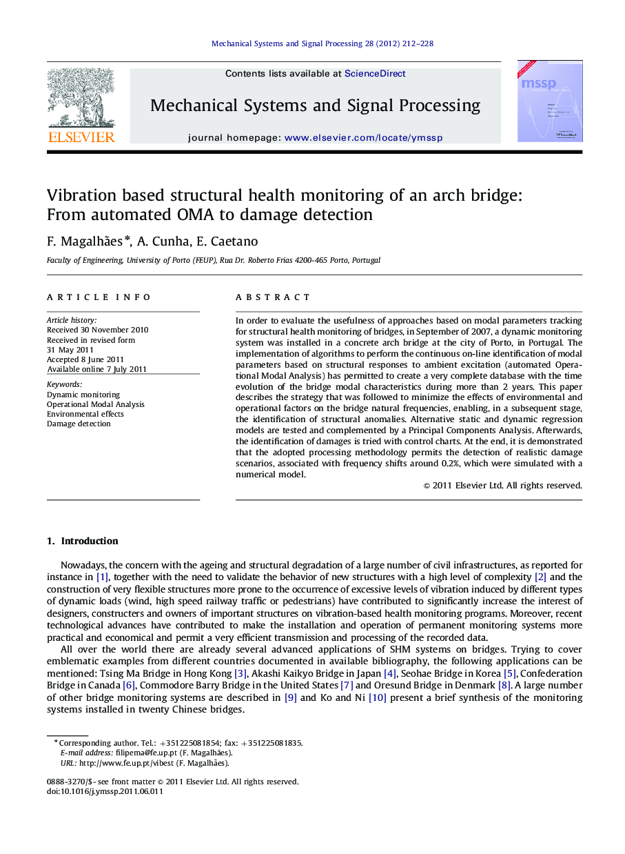 Vibration based structural health monitoring of an arch bridge: From automated OMA to damage detection