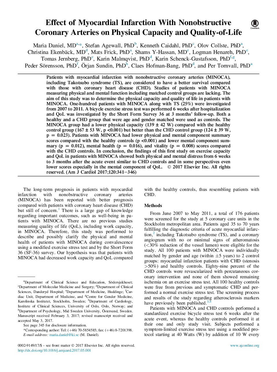 بیماری عروق کرونر اثرات انفارکتوس میوکارد با عروق کرونر غیر وابسته به ظرفیت فیزیکی و کیفیت زندگی 