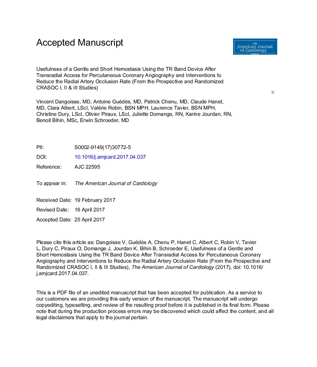 عکس صفحه اول مقاله: Usefulness of a Gentle and Short Hemostasis Using the Transradial Band Device after Transradial Access for Percutaneous Coronary Angiography and Interventions to Reduce the Radial Artery Occlusion Rate (from the Prospective and Randomized CRASOC I, II, an Usefulness of a Gentle and Short Hemostasis Using the Transradial Band Device after Transradial Access for Percutaneous Coronary Angiography and Interventions to Reduce the Radial Artery Occlusion Rate (from the Prospective and Randomized CRASOC I, II, an