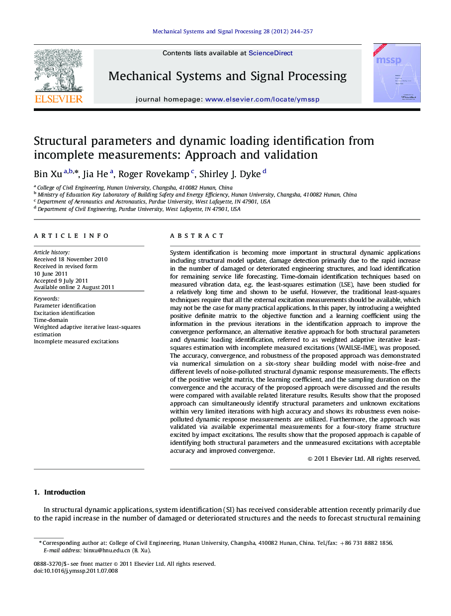 Structural parameters and dynamic loading identification from incomplete measurements: Approach and validation