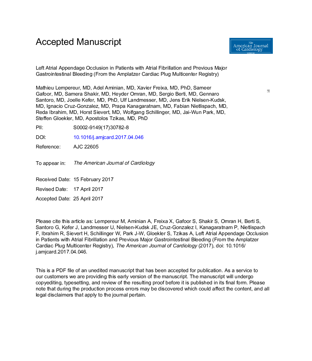 Left Atrial Appendage Occlusion in Patients With Atrial Fibrillation and Previous Major Gastrointestinal Bleeding (from the Amplatzer Cardiac Plug Multicenter Registry)