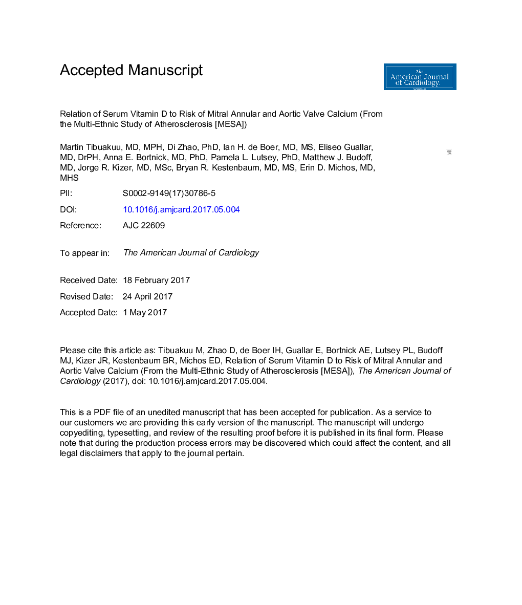 عکس صفحه اول مقاله: Relation of Serum Vitamin D to Risk of Mitral Annular and Aortic Valve Calcium (from the Multi-Ethnic Study of Atherosclerosis) Relation of Serum Vitamin D to Risk of Mitral Annular and Aortic Valve Calcium (from the Multi-Ethnic Study of Atherosclerosis)