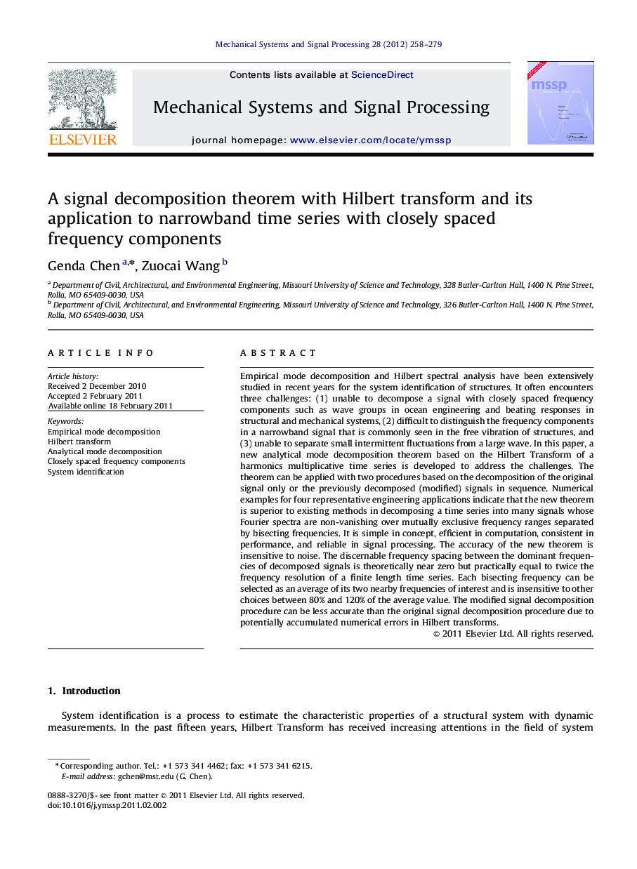 A signal decomposition theorem with Hilbert transform and its application to narrowband time series with closely spaced frequency components