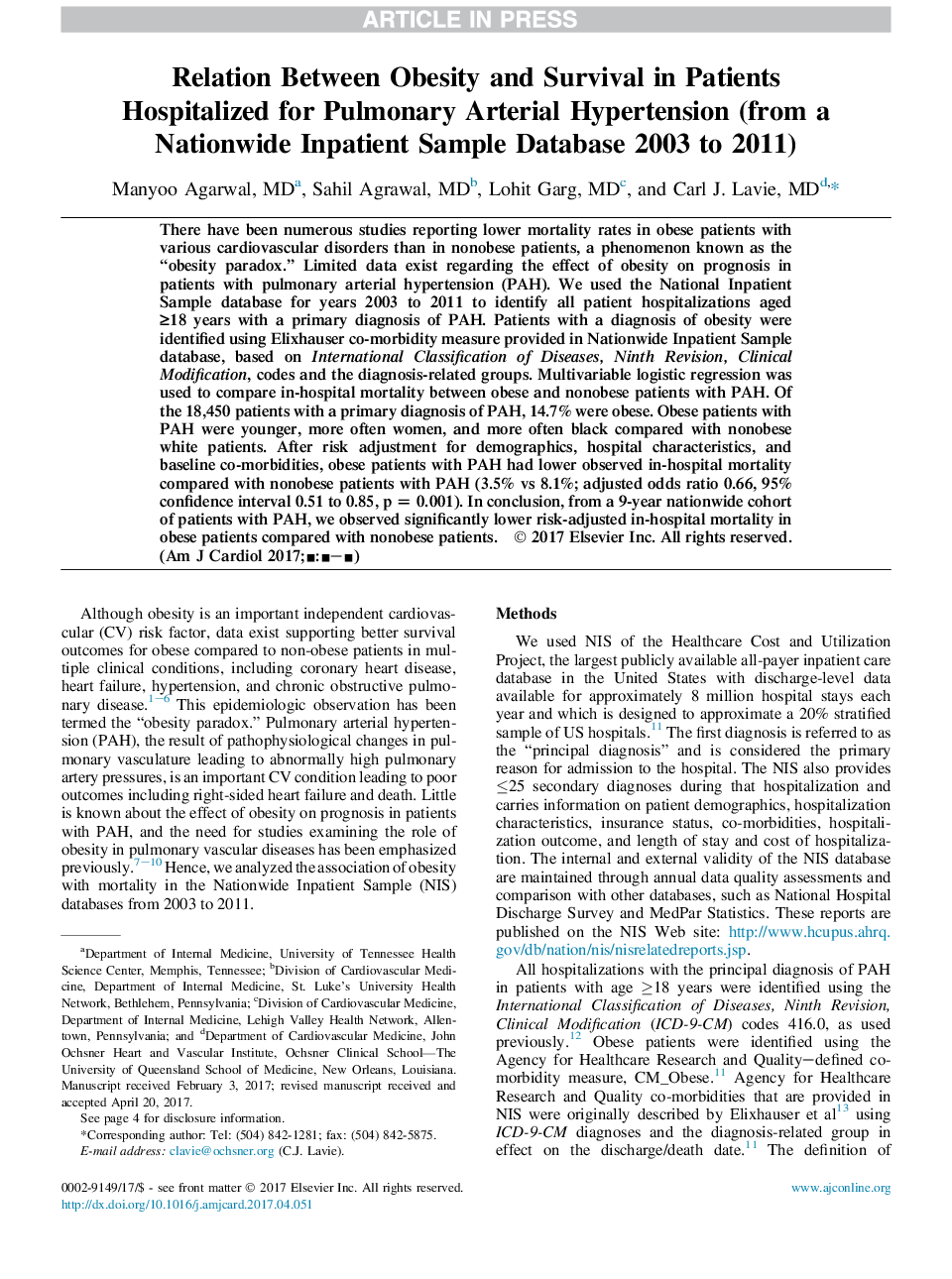 رابطه بین چاقی و بقا در بیماران بستری شده برای فشار خون بالا در شریان ریوی (از پایگاه نمونه های سرپایی در سراسر کشور از سال 1382 تا 1390) 