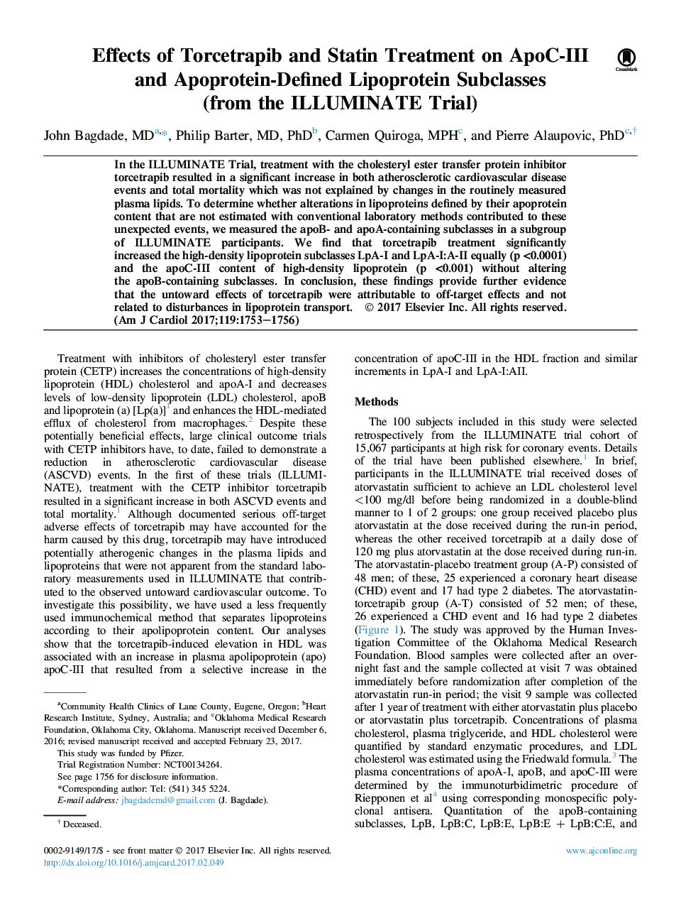 Effects of Torcetrapib and Statin Treatment on ApoC-III and Apoprotein-Defined Lipoprotein Subclasses (from the ILLUMINATE Trial)