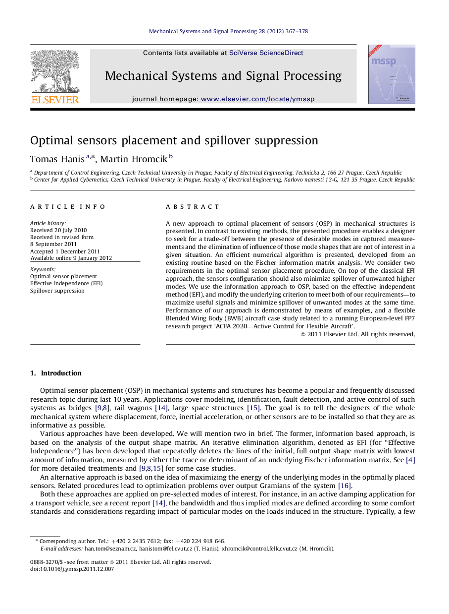 Optimal sensors placement and spillover suppression