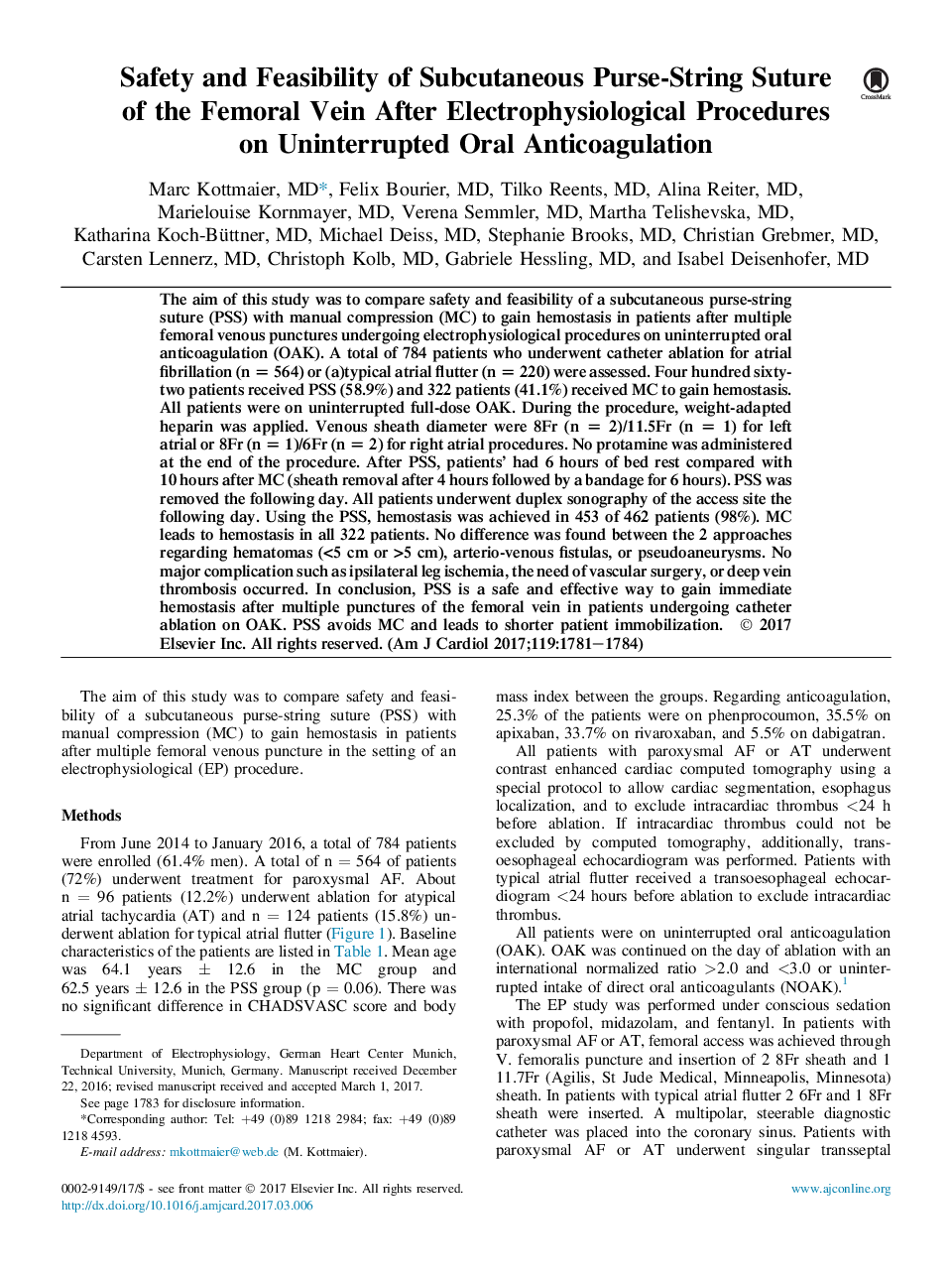 ایمنی و امکان شستشوی نخی اسکلت زیر پوستی ورید فمورال پس از روش الکتروفیزیولوژیک بر ضد انعقاد شفاهی بدون وقفه 