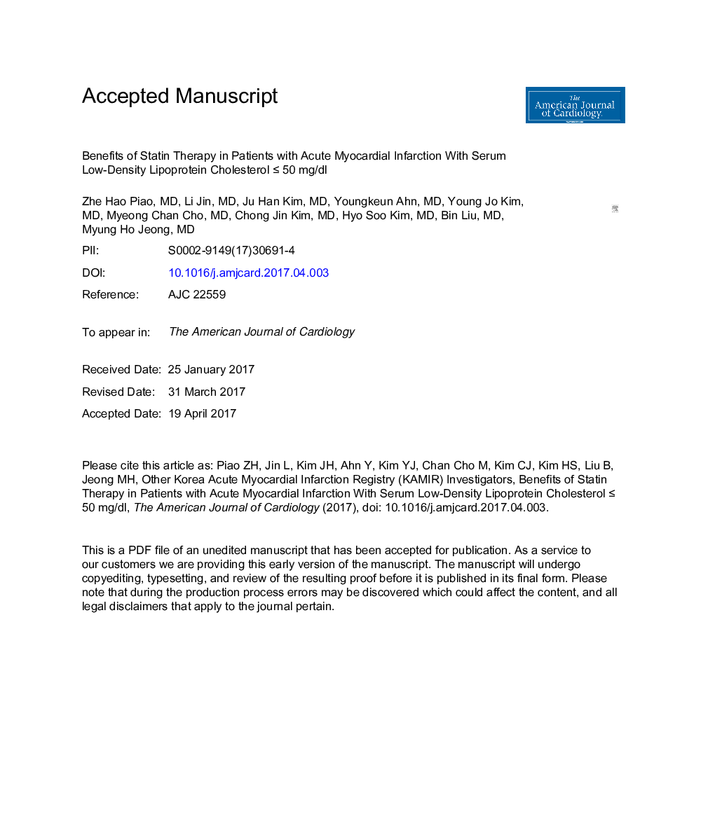 Benefits of Statin Therapy in Patients With Acute Myocardial Infarction With Serum Low-Density Lipoprotein Cholesterol â¤ 50Â mg/dl