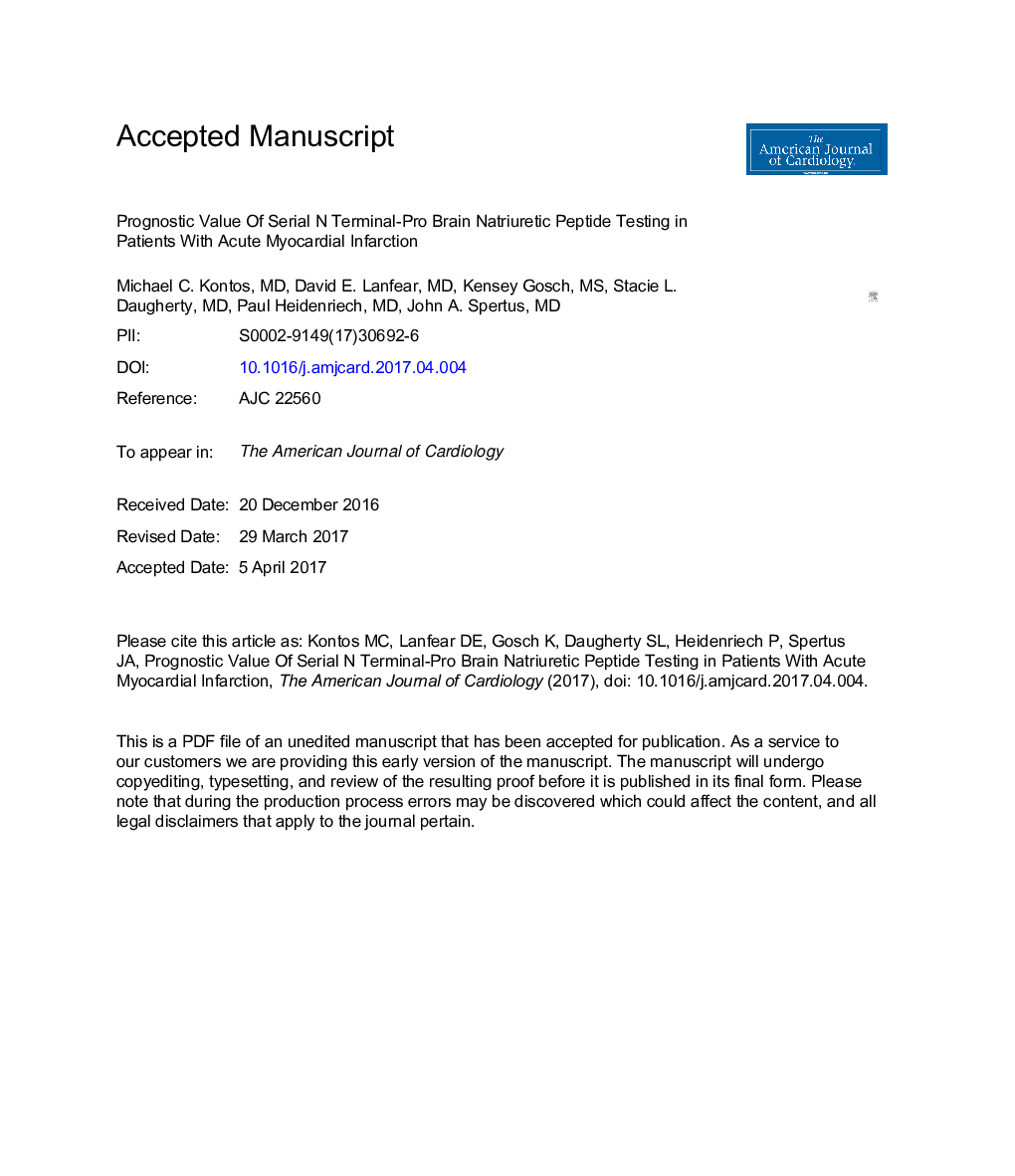 Prognostic Value of Serial N-Terminal Pro-Brain Natriuretic Peptide Testing in Patients With Acute Myocardial Infarction