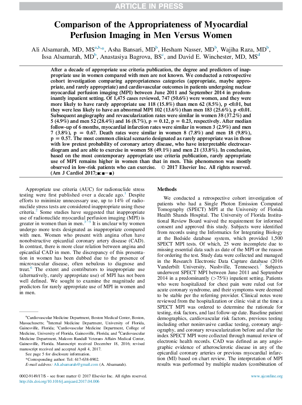 مقایسه صحت تصویربرداری پرفیوژن میوکارد در مردان نسبت به زنان 