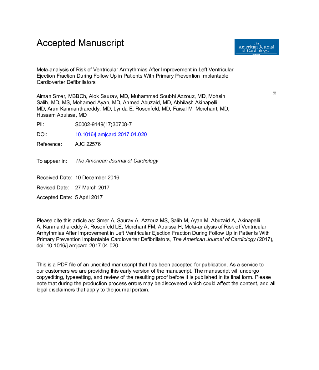 Meta-analysis of Risk of Ventricular Arrhythmias After Improvement in Left Ventricular Ejection Fraction During Follow-Up in Patients With Primary Prevention Implantable Cardioverter Defibrillators