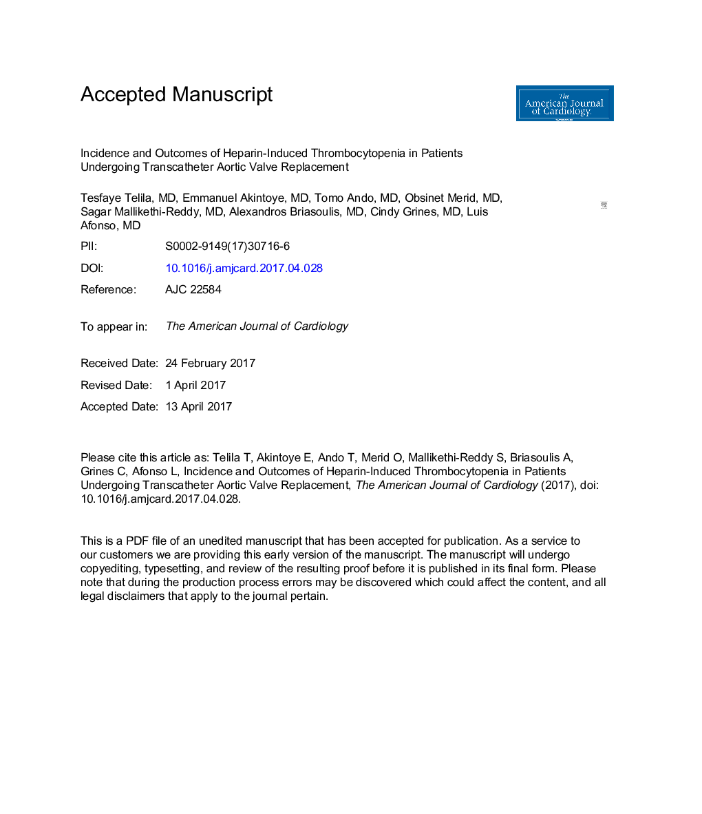 Incidence and Outcomes of Heparin-Induced Thrombocytopenia in Patients Undergoing Transcatheter Aortic Valve Replacement