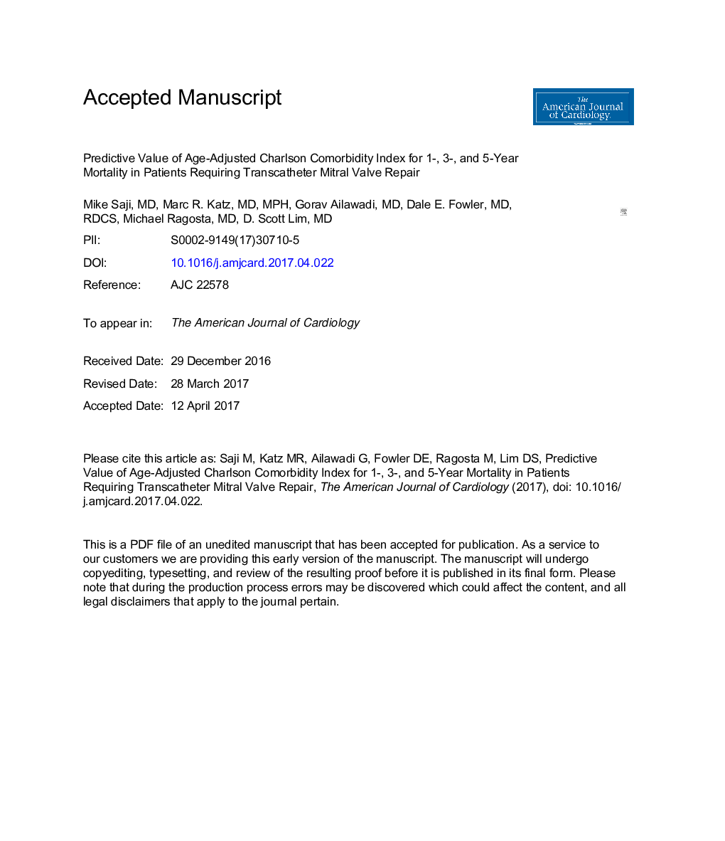عکس صفحه اول مقاله: Predictive Value of Age-Adjusted Charlson Co-Morbidity Index for 1-, 3-, and 5-Year Mortality in Patients Requiring Transcatheter Mitral Valve Repair Predictive Value of Age-Adjusted Charlson Co-Morbidity Index for 1-, 3-, and 5-Year Mortality in Patients Requiring Transcatheter Mitral Valve Repair