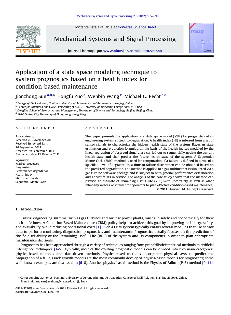 Application of a state space modeling technique to system prognostics based on a health index for condition-based maintenance