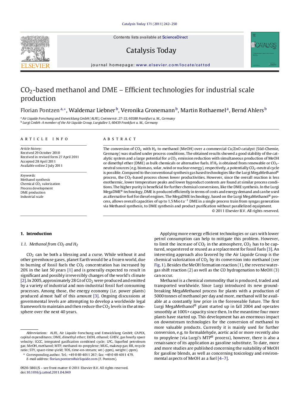 CO2-based methanol and DME – Efficient technologies for industrial scale production