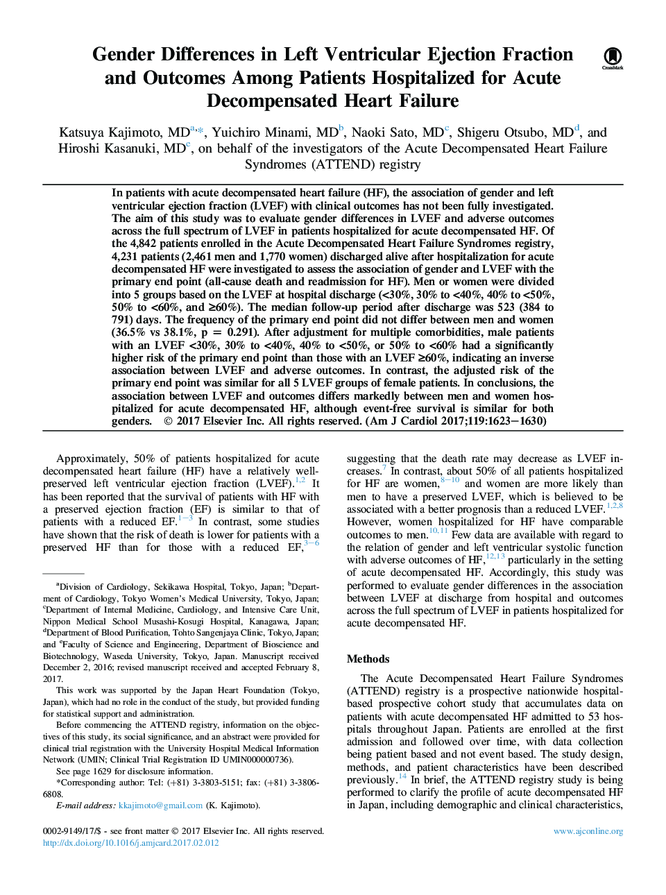 Gender Differences in Left Ventricular Ejection Fraction and Outcomes Among Patients Hospitalized for Acute Decompensated Heart Failure
