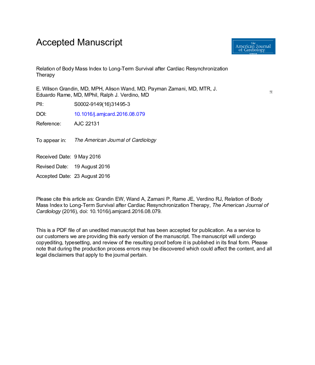 Relation of Body Mass Index to Long-Term Survival After Cardiac Resynchronization Therapy
