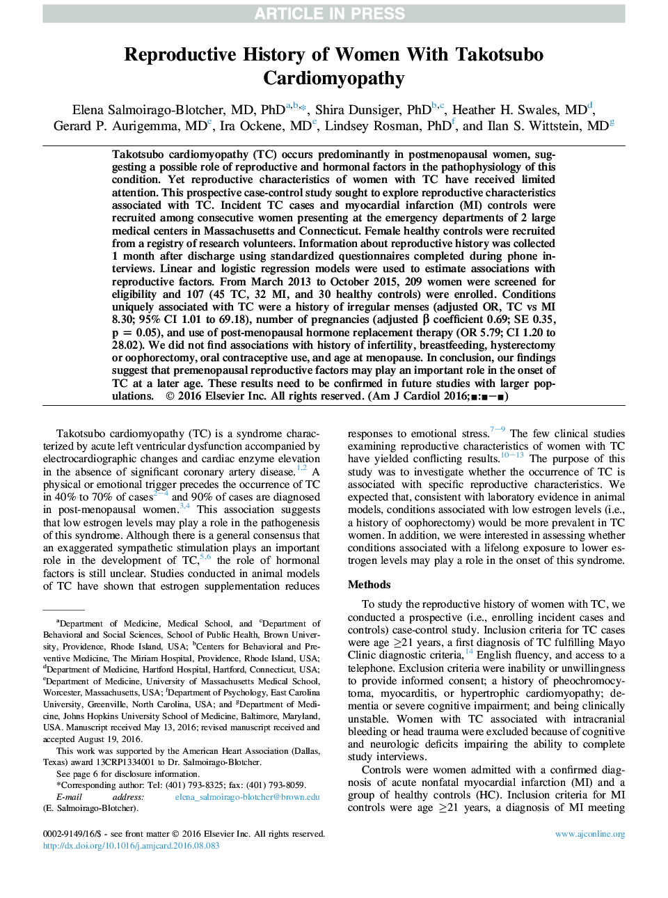 Reproductive History of Women With Takotsubo Cardiomyopathy