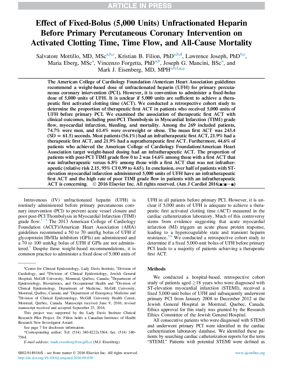 تاثیر هپارین بدون استخراج ثابت بولوس (5000 واحد) قبل از مداخله عروق کرونر اولیه در زمان بستری فعال، زمان و مرگ و میر همه موارد 