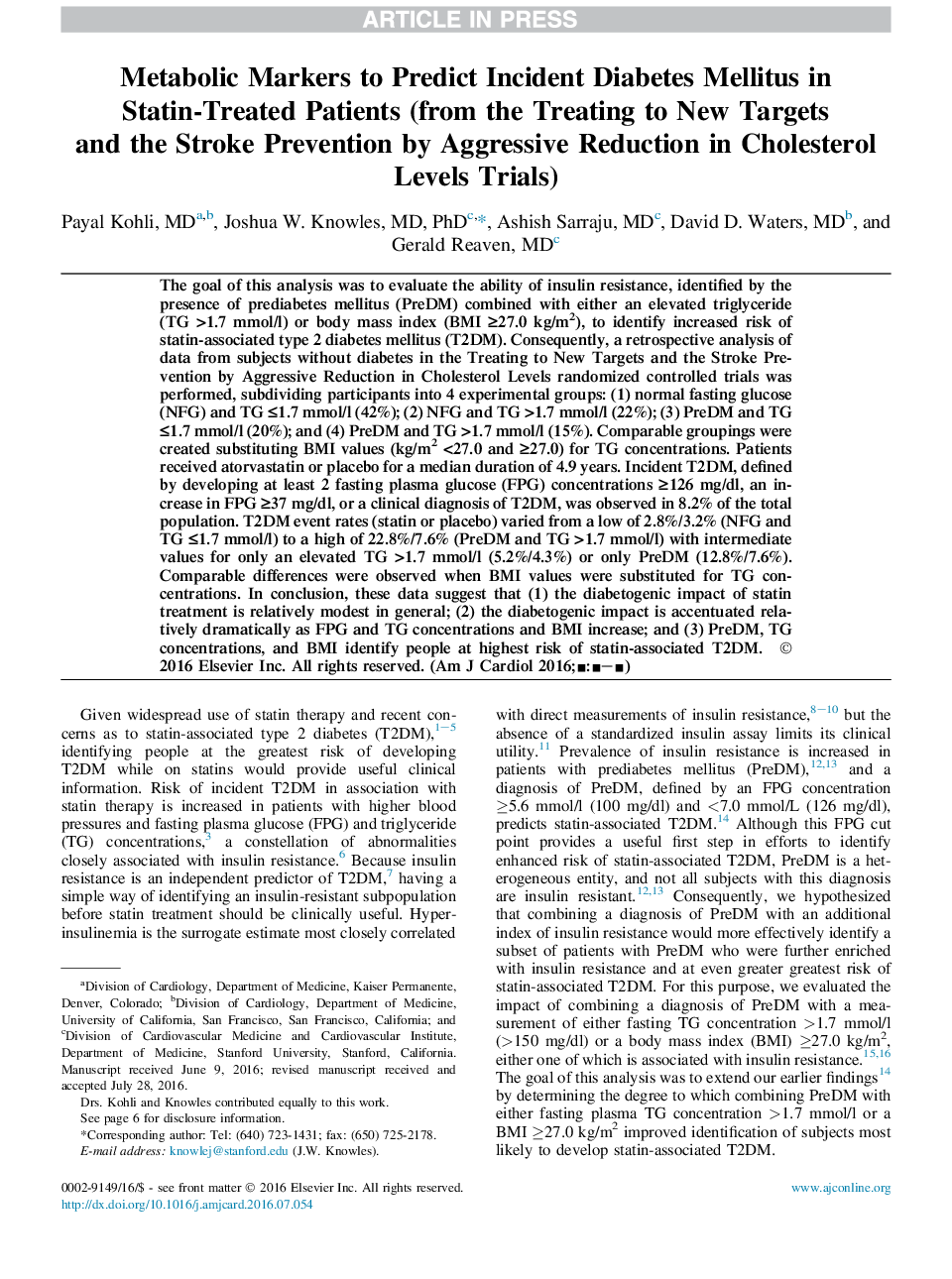 نشانگرهای متابولیک برای پیش بینی دیابت مکرر در بیماران با درمان با استاتین (از درمان به اهداف جدید و جلوگیری از سکته توسط کاهش تهاجمی در آزمایشات سطح کلسترول) 