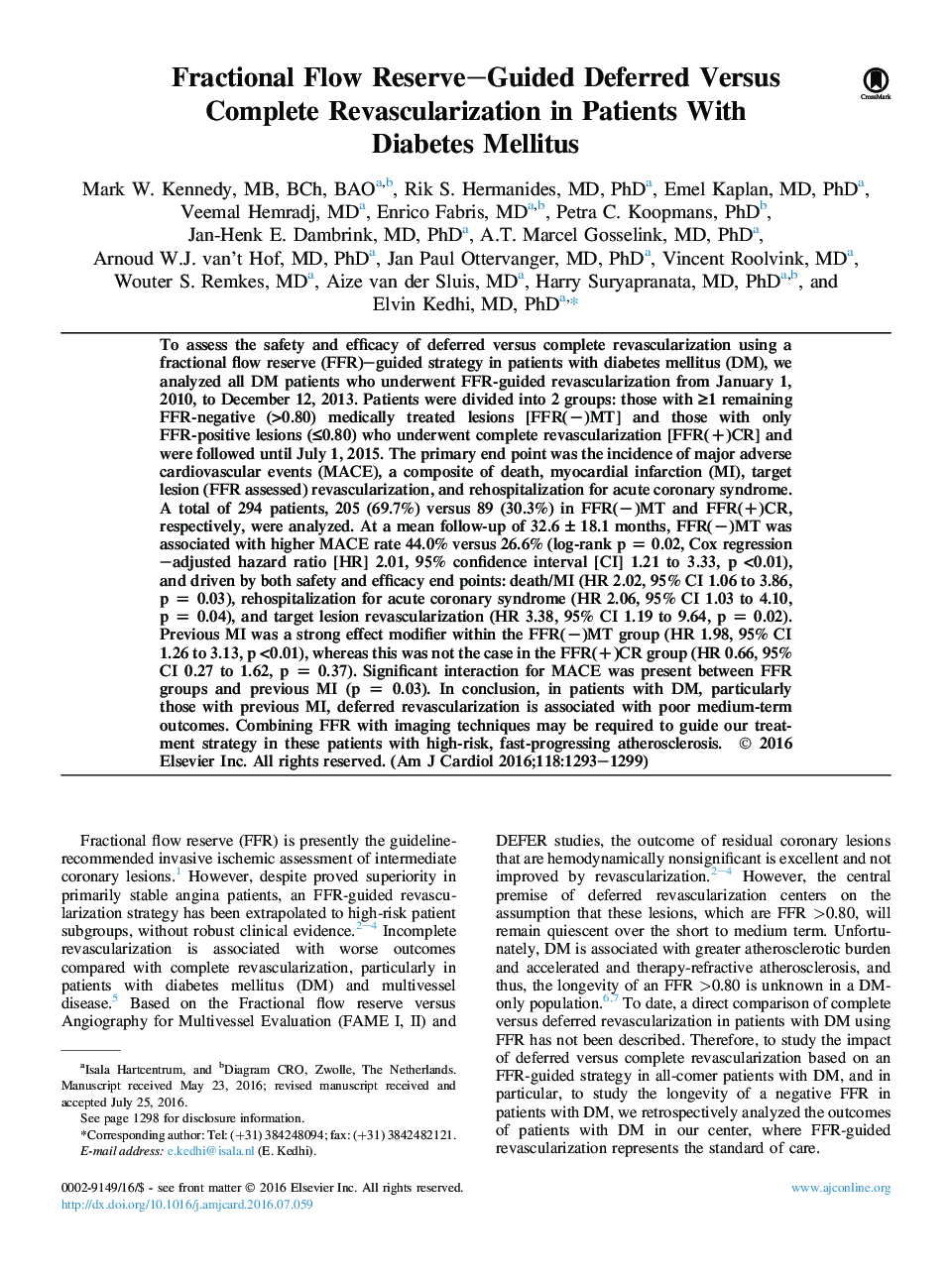 Fractional Flow Reserve-Guided Deferred Versus Complete Revascularization in Patients With Diabetes Mellitus