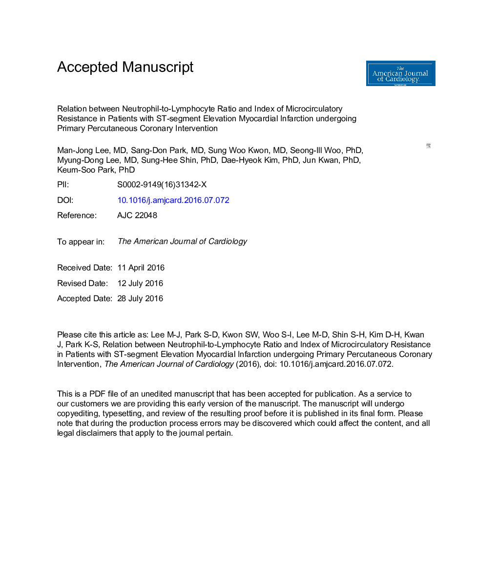 Relation Between Neutrophil-to-Lymphocyte Ratio and Index of Microcirculatory Resistance in Patients With ST-Segment Elevation Myocardial Infarction Undergoing Primary Percutaneous Coronary Intervention