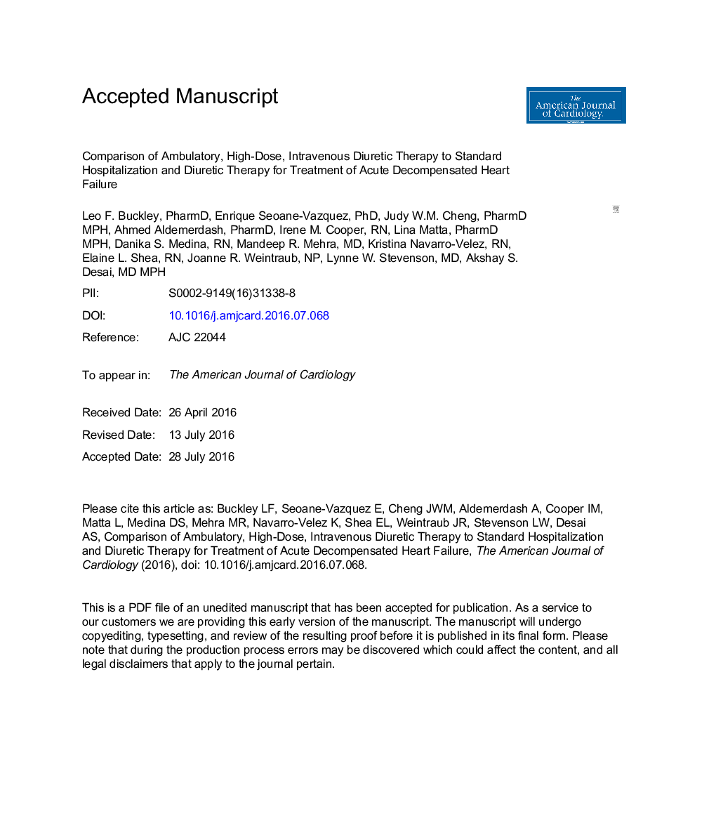 Comparison of Ambulatory, High-Dose, Intravenous Diuretic Therapy to Standard Hospitalization and Diuretic Therapy for Treatment of Acute Decompensated Heart Failure