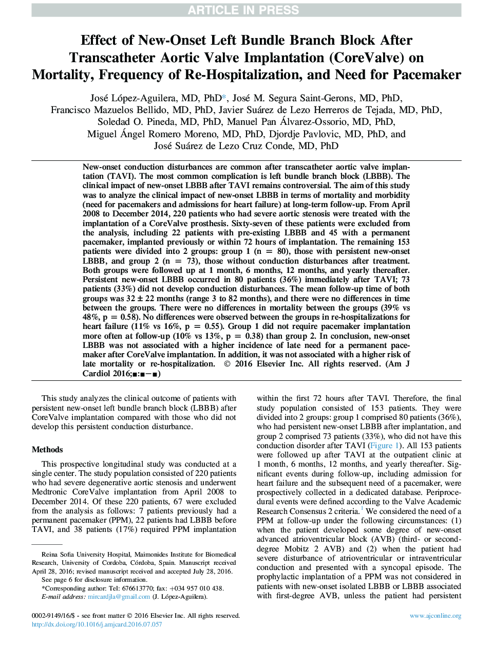 Effect of New-Onset Left Bundle Branch Block After Transcatheter Aortic Valve Implantation (CoreValve) on Mortality, Frequency of Re-Hospitalization, and Need for Pacemaker