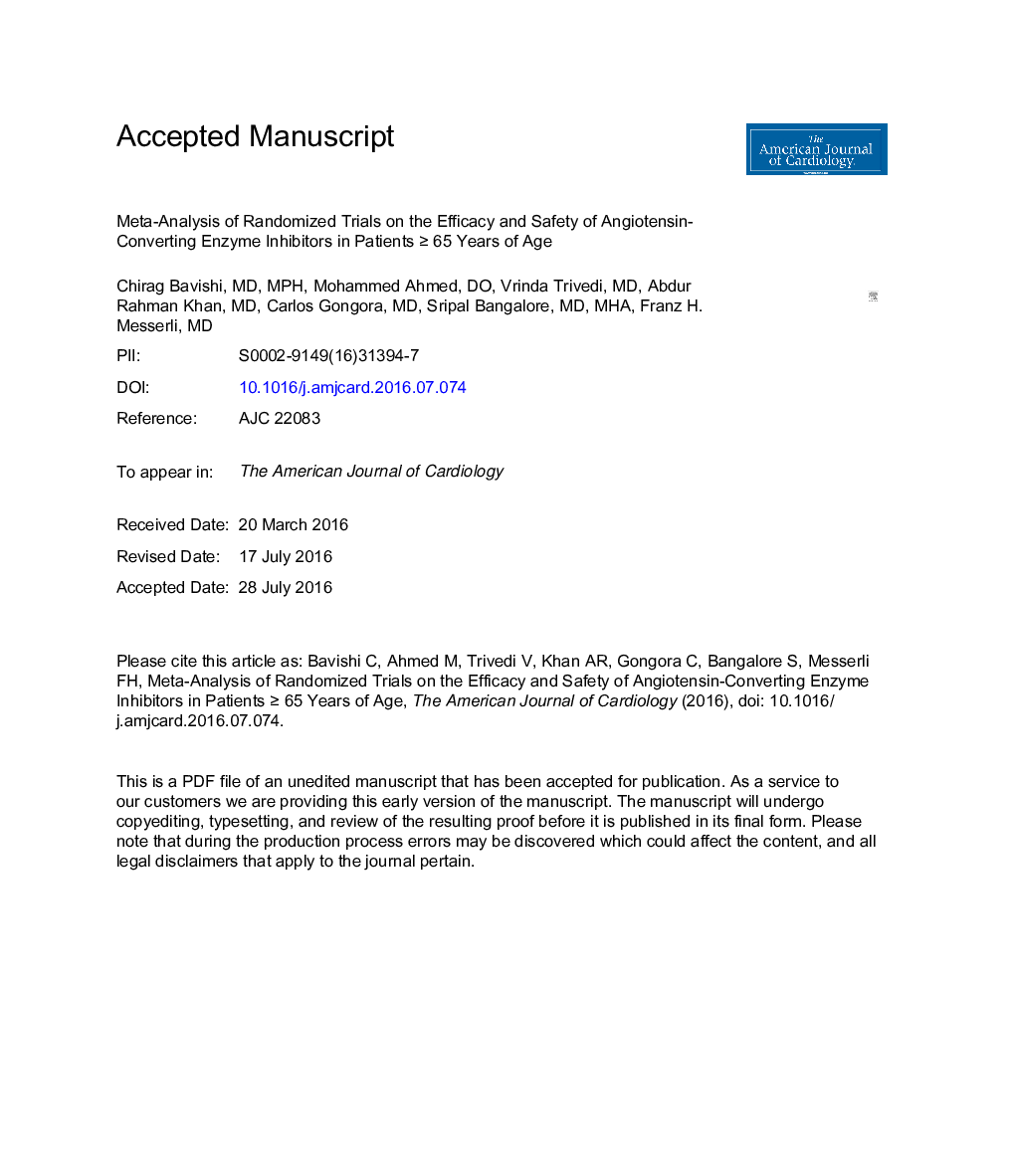 Meta-Analysis of Randomized Trials on the Efficacy and Safety of Angiotensin-Converting Enzyme Inhibitors in Patients â¥65Â Years of Age