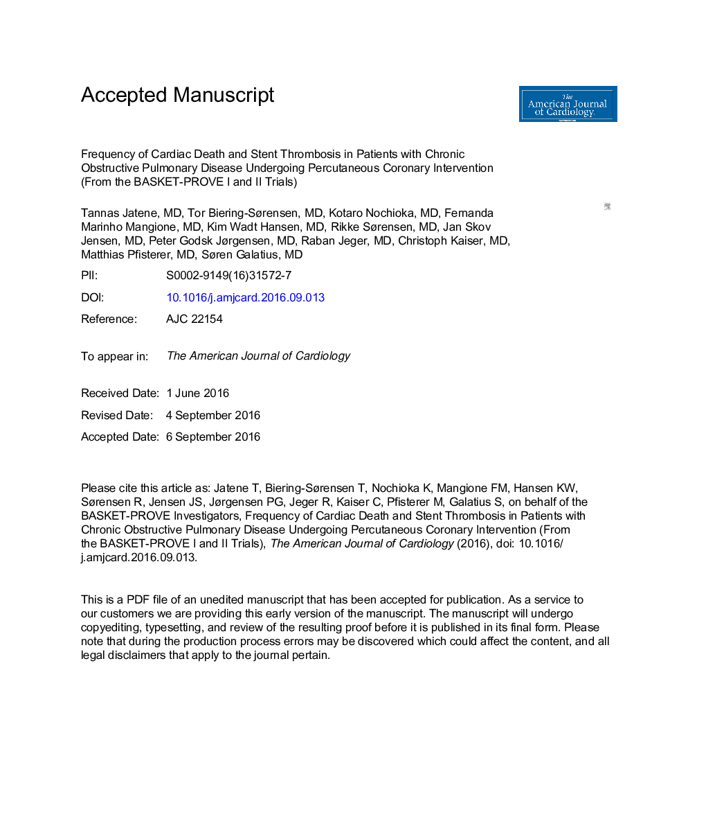 Frequency of Cardiac Death and Stent Thrombosis in Patients With Chronic Obstructive Pulmonary Disease Undergoing Percutaneous Coronary Intervention (from the BASKET-PROVE I and II Trials)