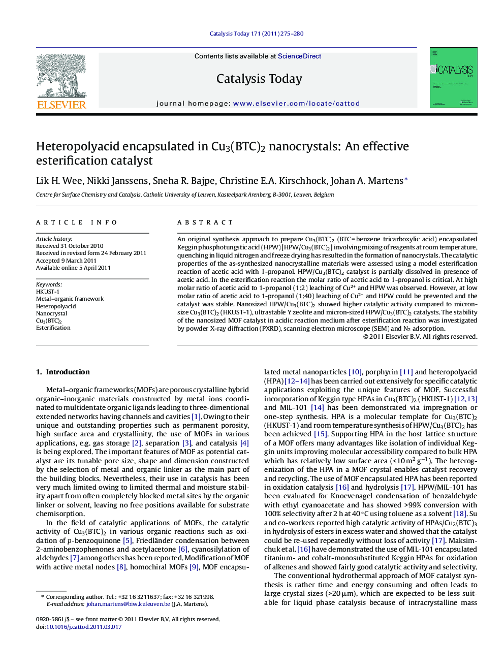 Heteropolyacid encapsulated in Cu3(BTC)2 nanocrystals: An effective esterification catalyst