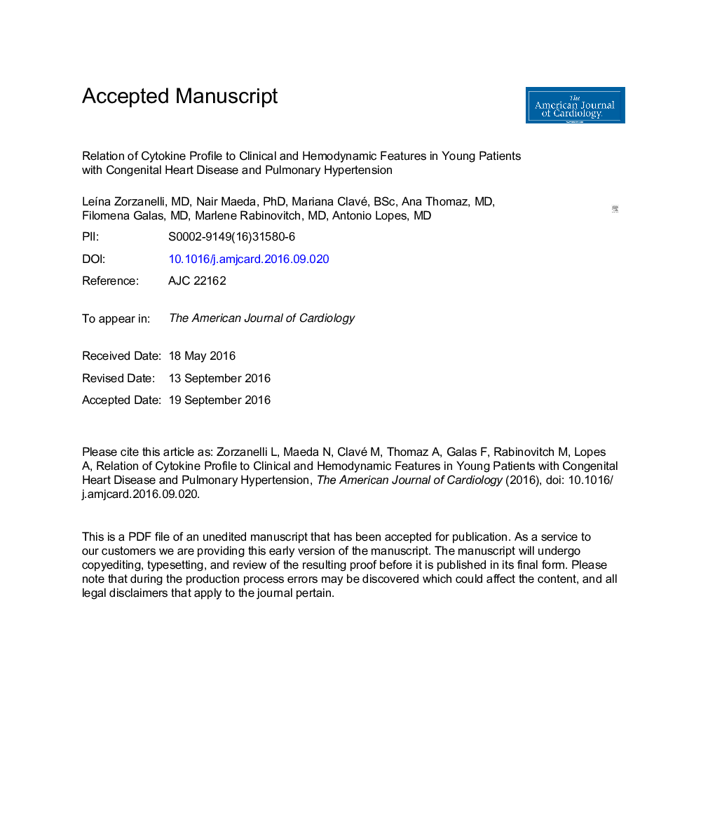 Relation of Cytokine Profile to Clinical and Hemodynamic Features in Young Patients With Congenital Heart Disease and Pulmonary Hypertension