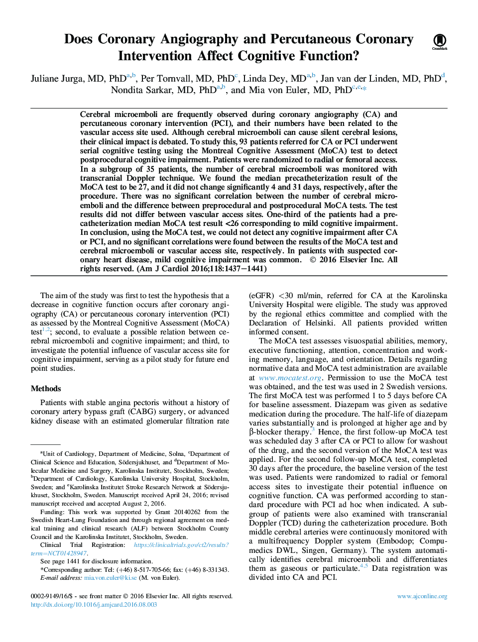 Coronary Artery DiseaseDoes Coronary Angiography and Percutaneous Coronary Intervention Affect Cognitive Function?