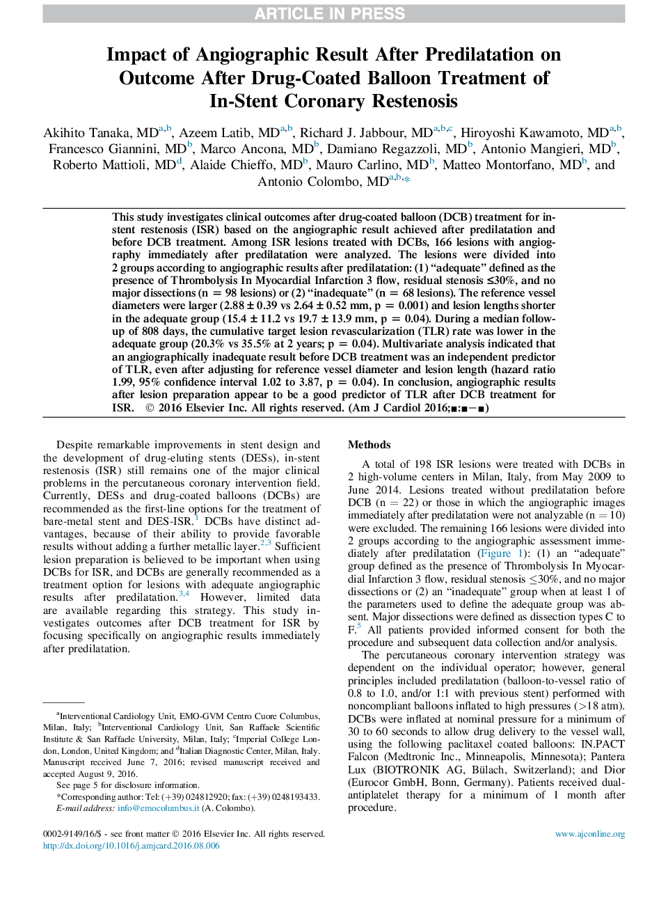 تأثیر نتایج آنژیوگرافی بعد از پیش بینی بر نتایج پس از درمان با بالون پوشش دارویی مقاوم سازی کرونر درون استنت 