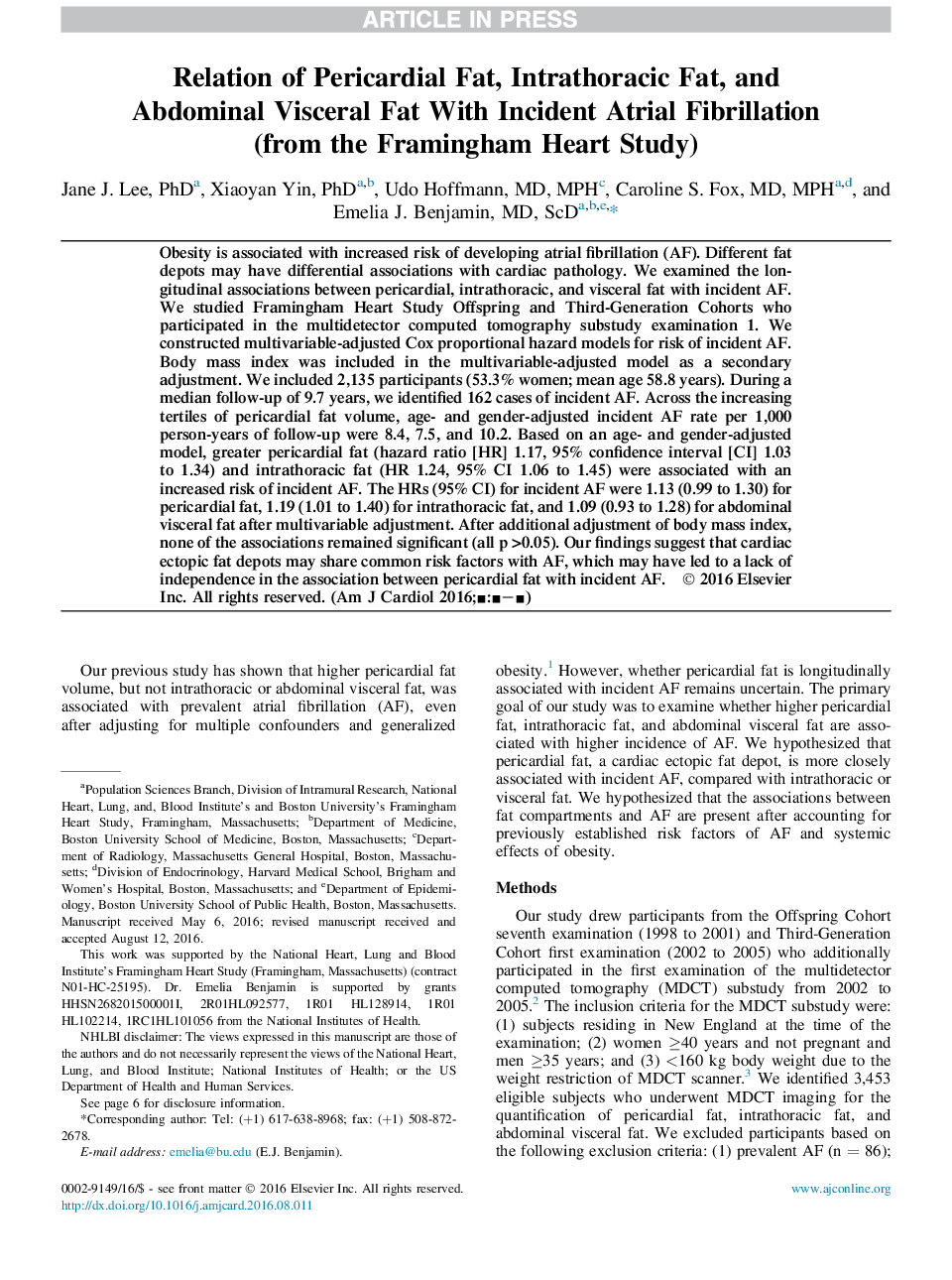 Relation of Pericardial Fat, Intrathoracic Fat, and Abdominal Visceral Fat With Incident Atrial Fibrillation (from the Framingham Heart Study)